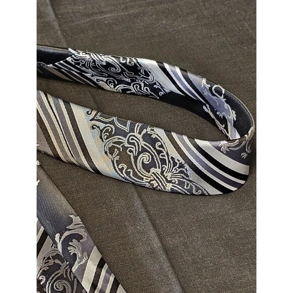 Karl Knox Mens Silver & Black Floral Stripe Necktie - Picture 6 of 10